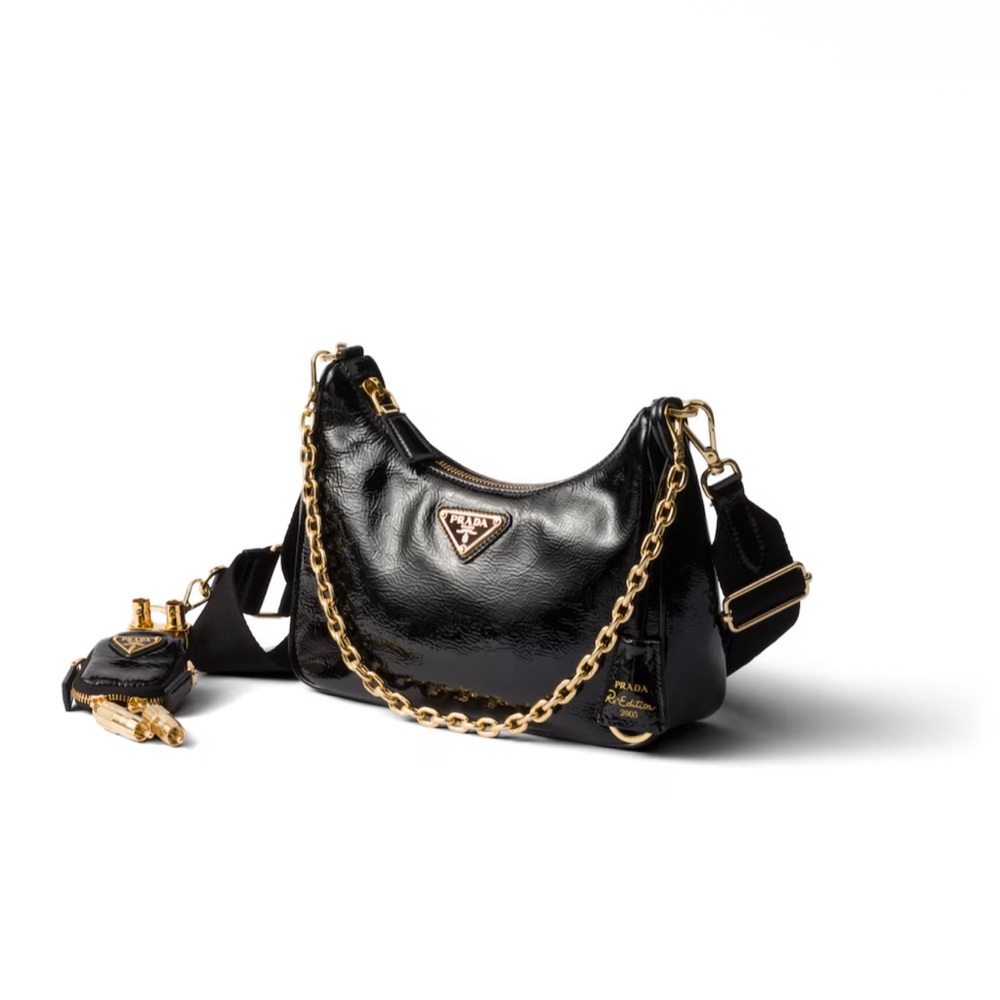 Prada Black Patent Leather Shoulder Bag with Gold Chain Strap - Picture 3 of 7